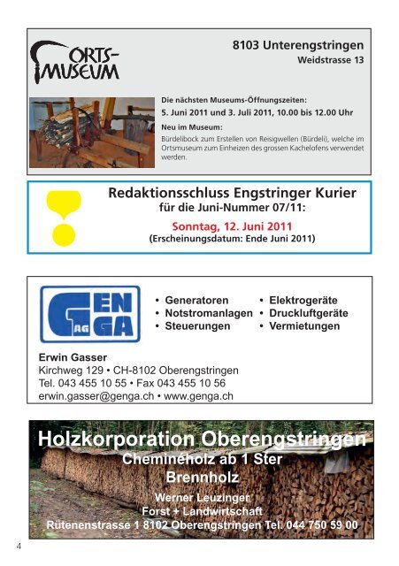 Öffnungszeiten Juni 2011 - Engstringer Kuriers