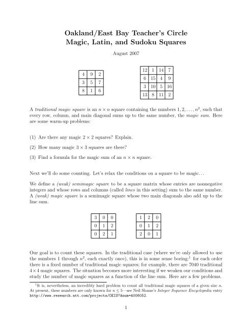 Magic, Latin, and Sudoku Squares - Math Teachers' Circles