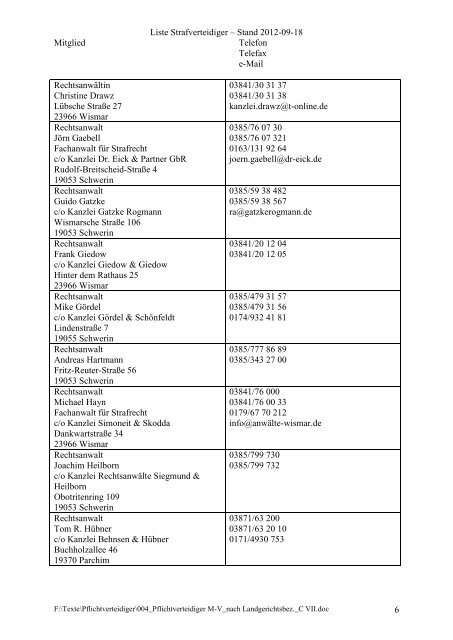 Pflichtverteidigerliste (nach den Landgerichtsbezirken sortiert)