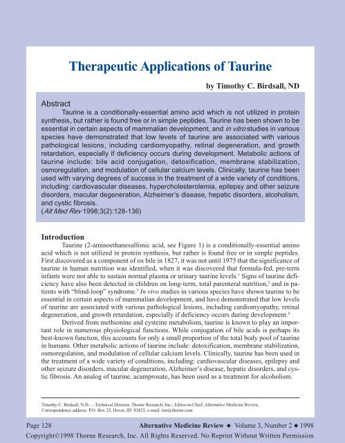 Therapeutic Applications of Taurine - George Eby Research Institute