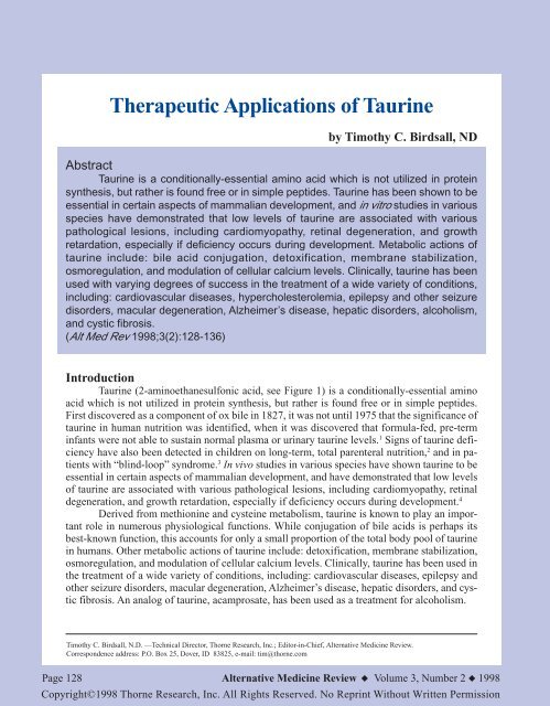 Therapeutic Applications Of Taurine George Eby Research Institute