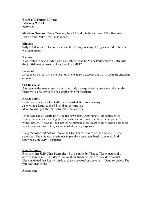 Board of Directors Minutes 2-9-11