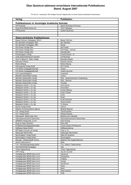 Ãœber Quickcut adstream erreichbare internationale Publikationen ...