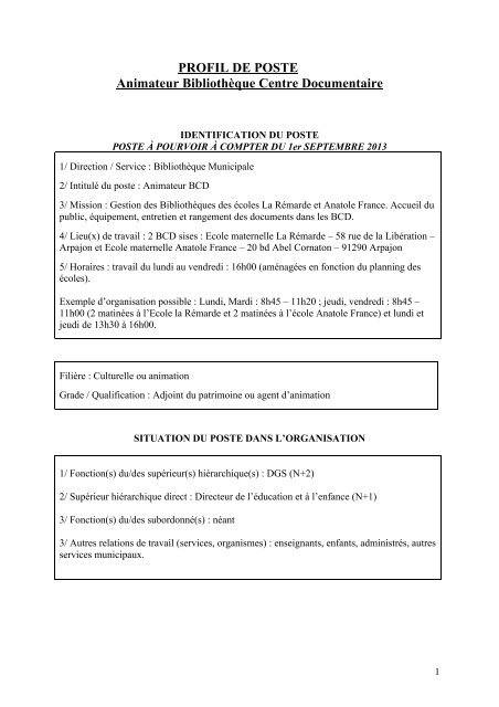 PROFIL DE POSTE Animateur BibliothÃ¨que Centre ... - Arpajon