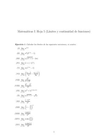 MatemÃ¡ticas I: Hoja 5 (LÂ´Ä±mites y continuidad de funciones) - ICMAT