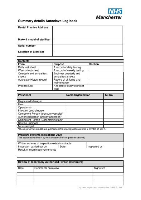 Summary details Autoclave Log book