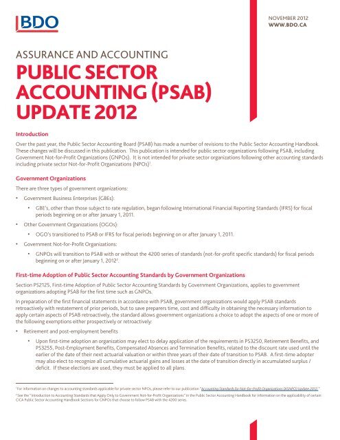 Public Sector Accounting (PSAB) Update 2012 - BDO Canada