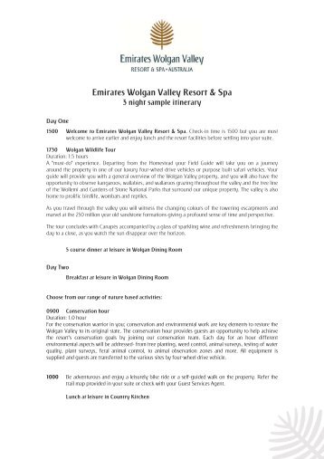 3 Night Sample Itinerary - Wolgan Valley Resort & Spa