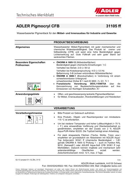 Technisches Merkblatt - ADLER - Lacke