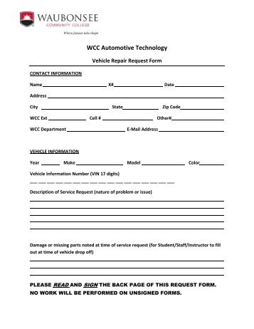 Request for Vehicle Repair form - Waubonsee Community College