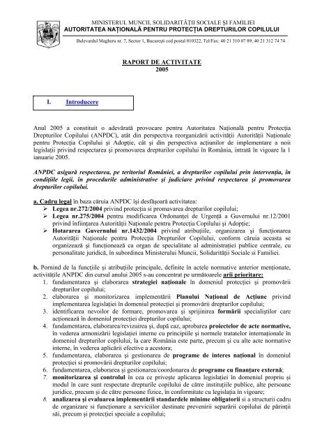 Raport de Activitate 2005 - Directia Protectia Copilului