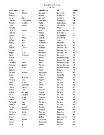 Dean's Honor Roll List Fall 2012 FIRST NAME MI LAST NAME CITY ...