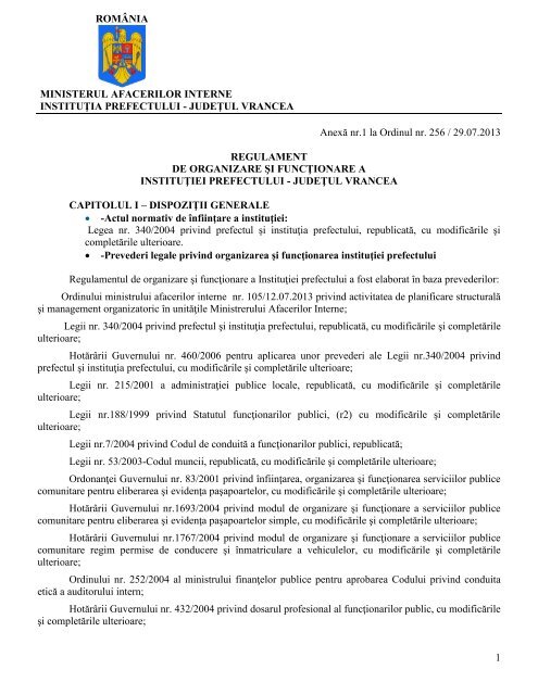 Regulament de organizare si functionare - Prefectura Judeţului ...