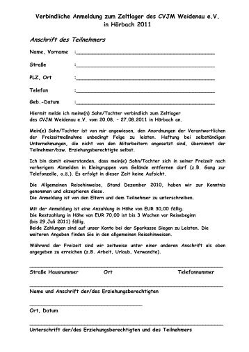 Anmeldung zum Zeltlager (PDF) - CVJM Weidenau