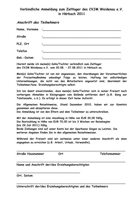 Anmeldung zum Zeltlager (PDF) - CVJM Weidenau