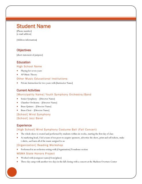 Student Music Resume Example School Of Music