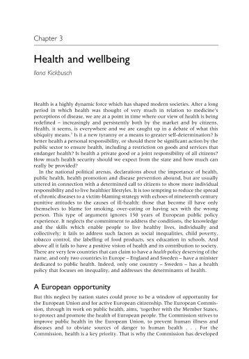 The chapter by Ilona Kickbusch on health and well being can be ...