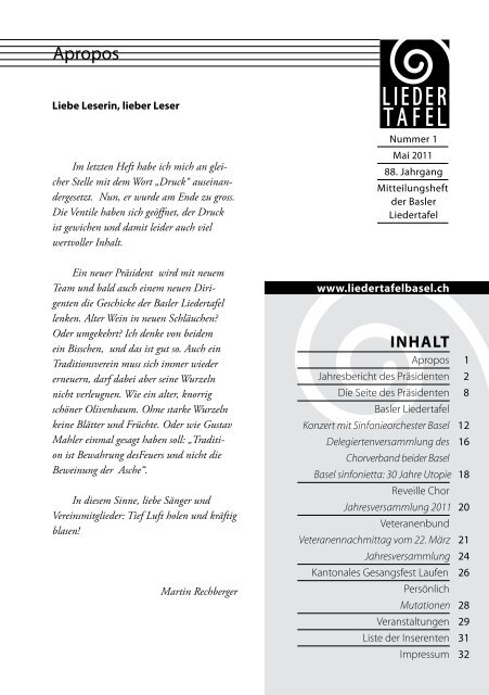 Heft 1 - 2011 - Basler Liedertafel