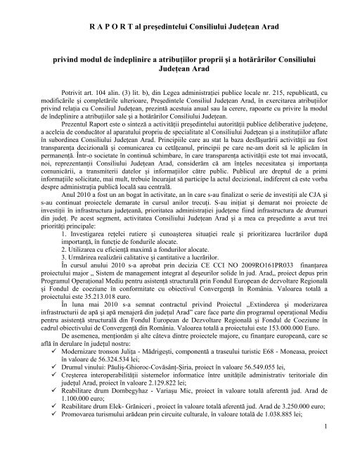 Raport activitate presedinte 2010 - Consiliul Judetean Arad