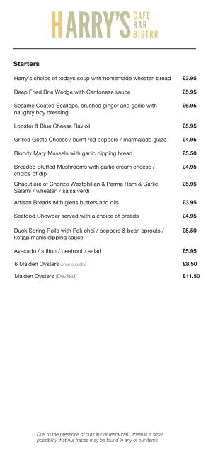Harry s A La Carte Menu Harrys Restaurant Cushendall