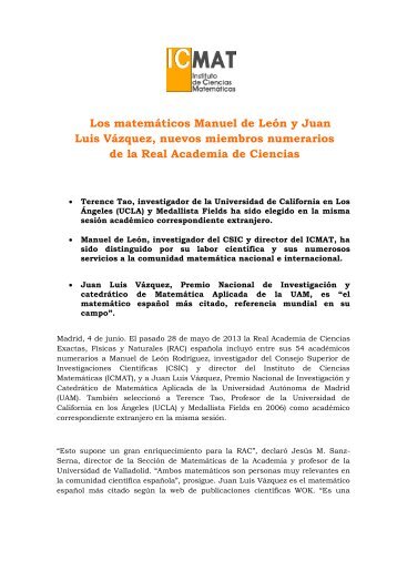 Los matemÃ¡ticos Manuel de LeÃ³n y Juan Luis VÃ¡zquez ... - ICMAT