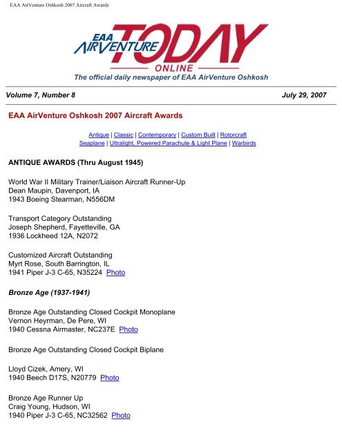 EAA AirVenture Oshkosh 2007 Aircraft Awards
