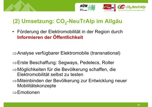 CO2 NeuTrAlp im AllgÃ¤u, Umsetzung und Ergebnisse