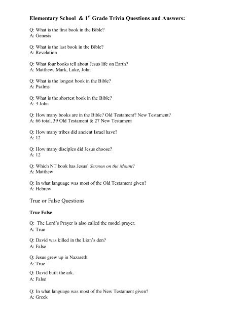 2013 Sample Elementary Bible Trivia Questions