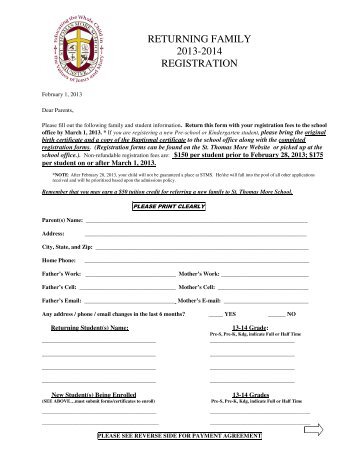 Registration Forms for Returning Students - St. Thomas More School