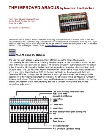 THE IMPROVED ABACUS by Inventor: Lee Kai-chen