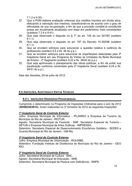 Relatório Trimestral de Atividades do TCMRJ - 3º Trimestre de 2012