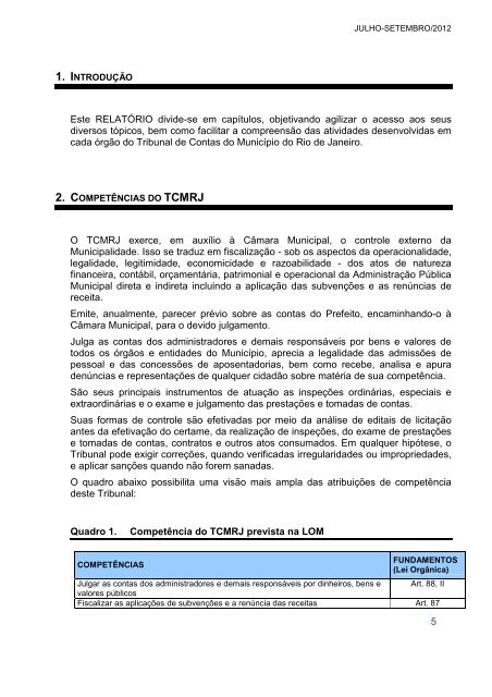 Relatório Trimestral de Atividades do TCMRJ - 3º Trimestre de 2012