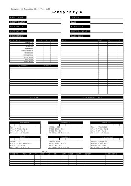 Conspiracy X Character Sheet 2-sided - RPG Sheets