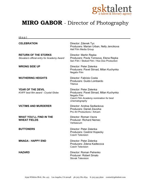 MIRO GABOR - Director of Photography - gsktalent