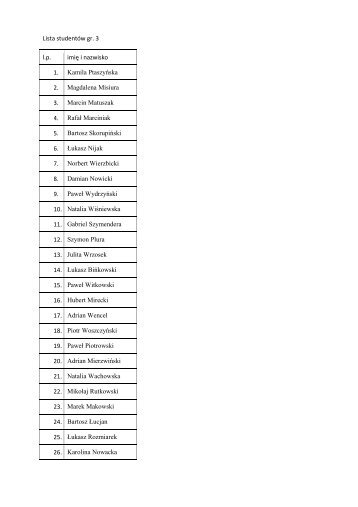 Lista studentÃ³w gr. 3 l.p. imiÄ™ i nazwisko 1. Kamila PtaszyÅ„ska 2 ...