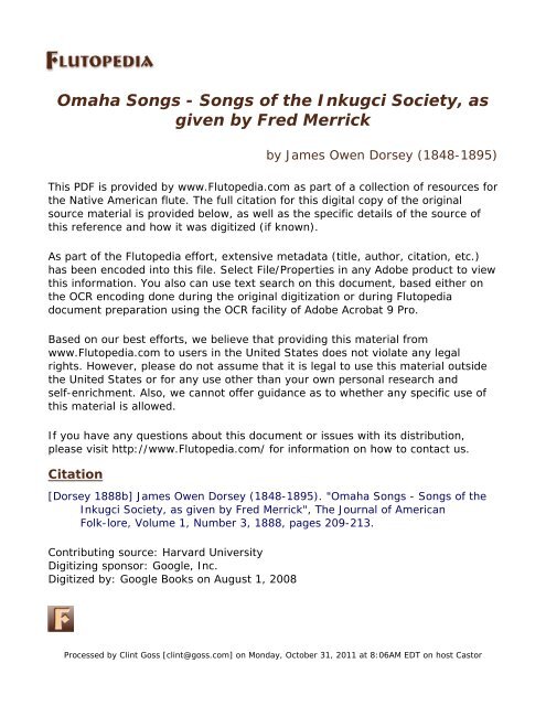 Omaha Songs - Songs of the Inkugci Society, as ... - Flutopedia.com