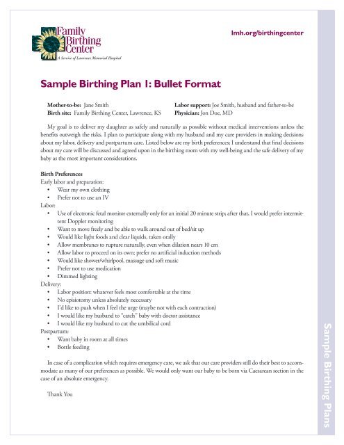 Sample Birthing Plan 1: Bullet Format - Lawrence Memorial Hospital