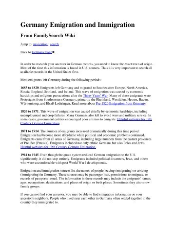 Germany Emigration and Immigration - Oehler-Stutes Family