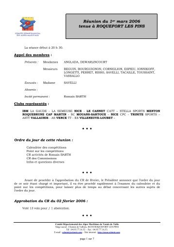 RÃ©union du 01/03/06 - ComitÃ© dÃ©partemental de tennis de table des ...