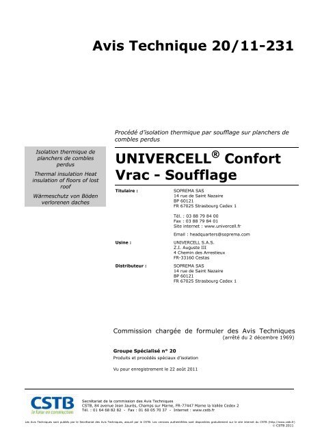 Avis Technique 20/11-231 UNIVERCELL Confort Vrac ... - Soprema