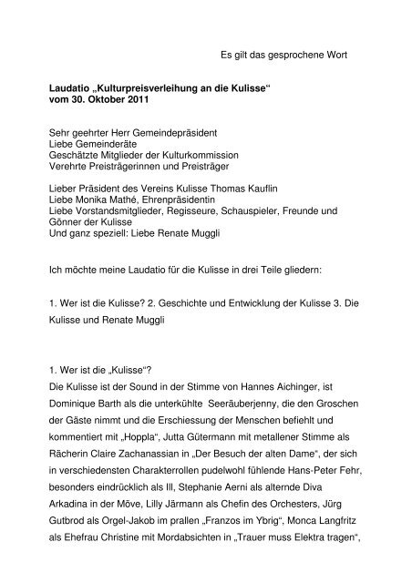 Laudatio Kulturpreisverleihung KÃ¼snacht 30.10.2011