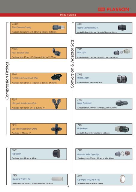 Plasson Compression Fittings PN16 SA Catalogue - Incledon