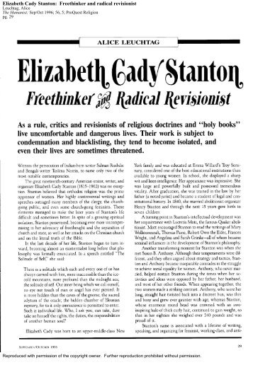 Elizabeth Cady Stanton: Freethinker and radical revisionist