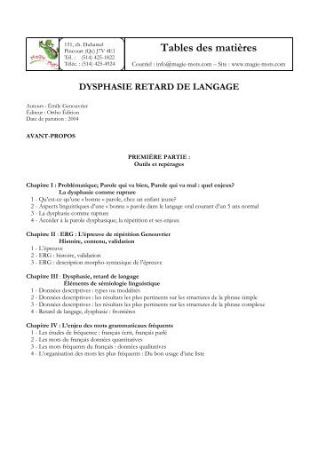 Tables des matiÃ¨res - Magie-Mots