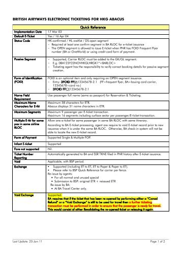 BRITISH AIRYWAYS ELECTRONIC TICKETING FOR HKG ABACUS ...