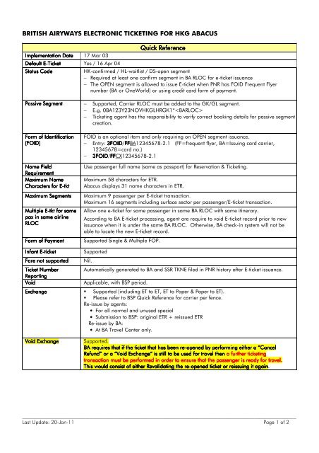 BRITISH AIRYWAYS ELECTRONIC TICKETING FOR HKG ABACUS ...