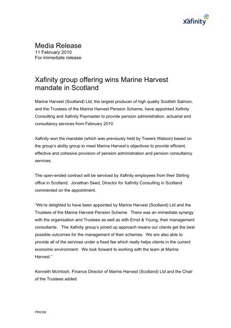 Media Release Xafinity group offering wins Marine Harvest mandate ...