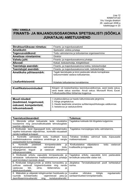 Spetsialist-sÃ¶Ã¶kla juhataja AMETIJUHEND