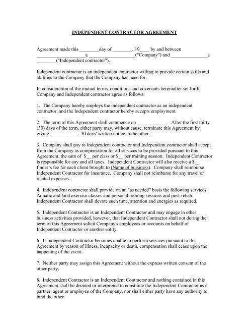 Independent Contractor Agreement Agreement Made Independent Contractor Agreement Agreement Made