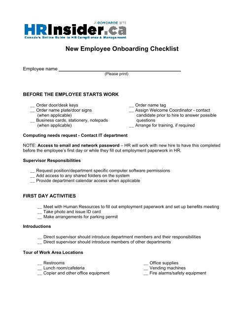 New Employee Onboarding Checklist - HRInsider